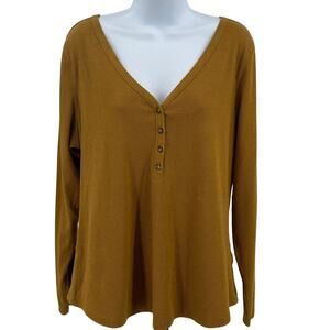 Old Navy Shirt WMNS XL Slim Fit Ribbed Mustard Yellow V-Neck Henley Long Sleeve